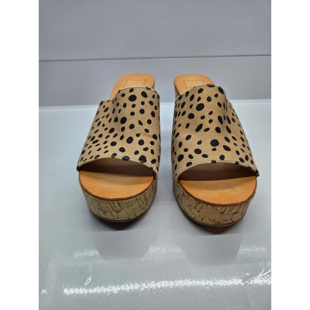 Dolce Vita Polka‎ Dot Canvas Cork Wedge Sandals Tan Black Open Toe Mules Size 8
